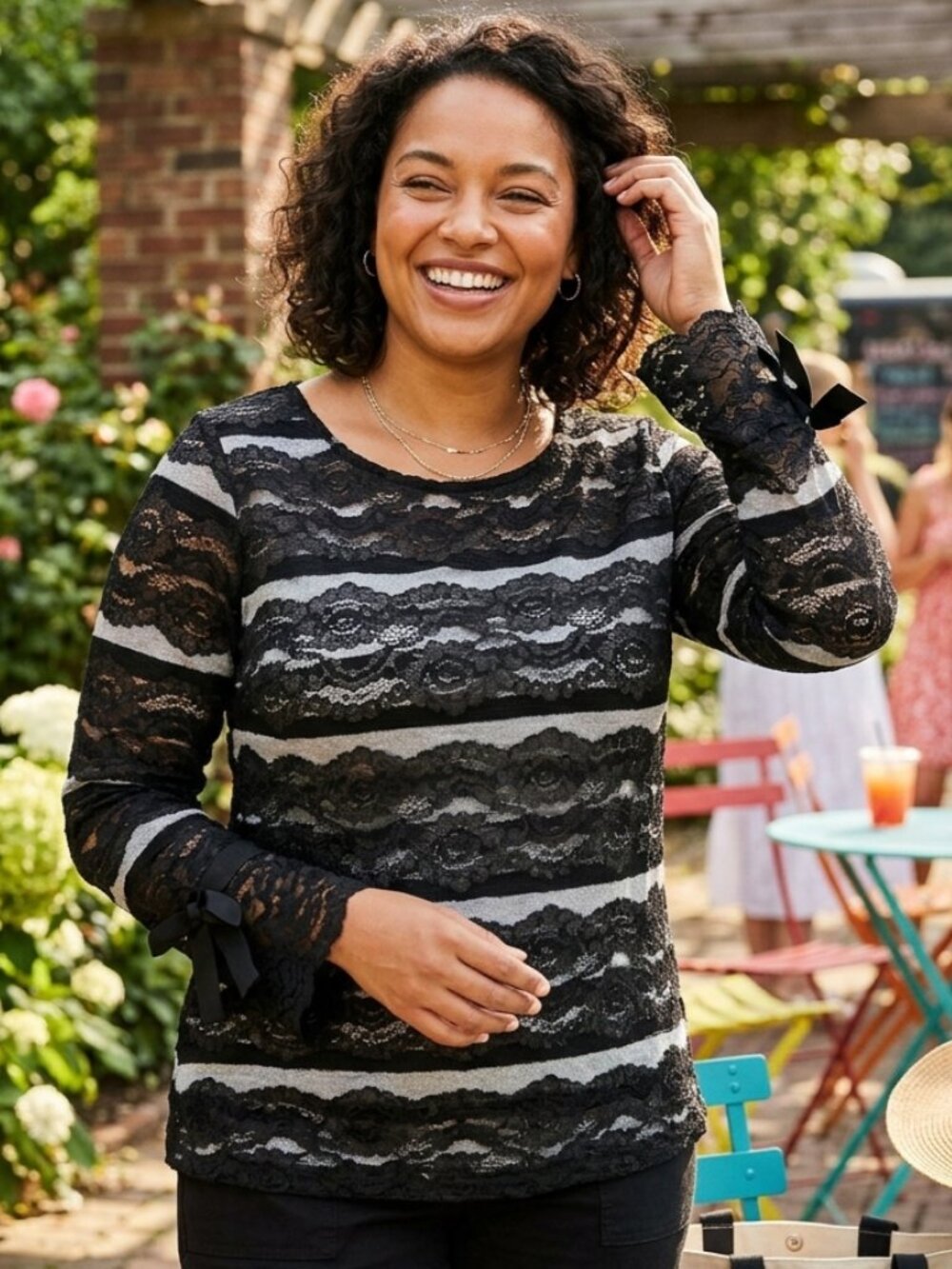 Karl Lagerfeld Black and White Lace Blouse with Bell Sleeves